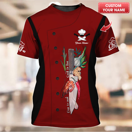 Camiseta de chef personalizada: lema «Cocinar para vivir, vivir para cocinar» con detalles de hierbas y especias