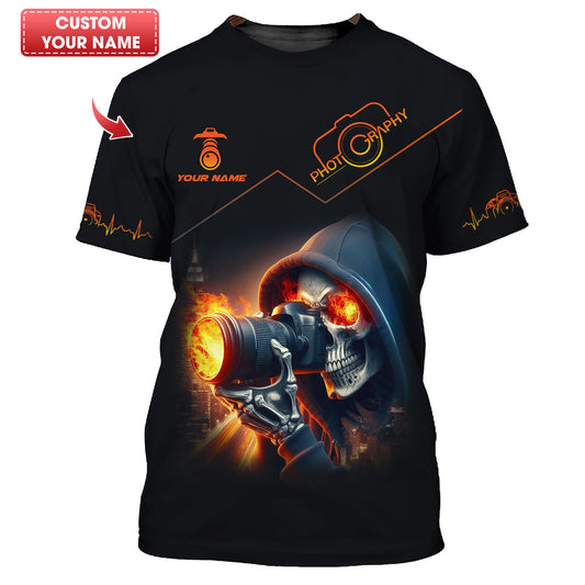 Camisetas con nombre personalizado para fotógrafos Camiseta con calavera y cámara en 3D Regalo para amantes de la fotografía