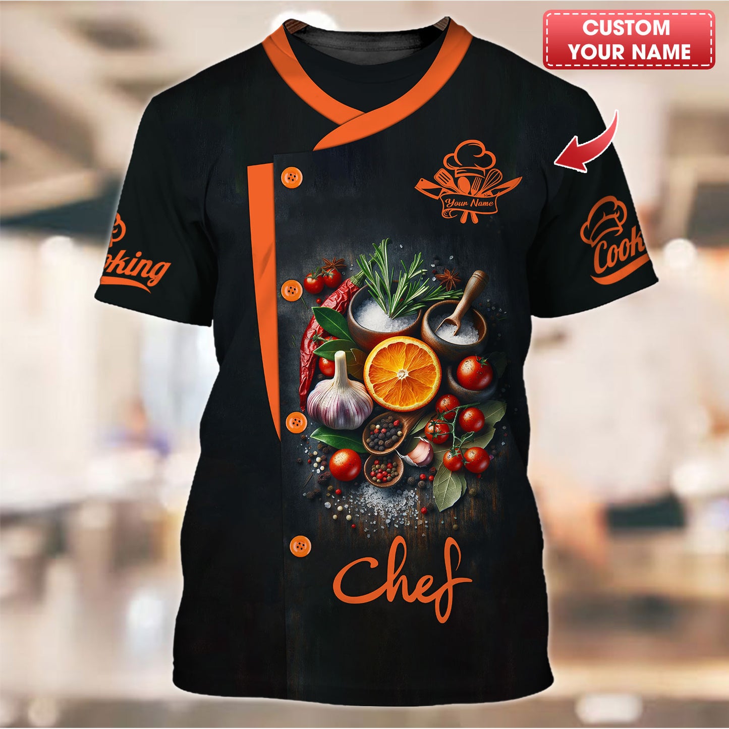 Camisa de chef personalizada: diseño vibrante de cítricos y especias para cocineros apasionados