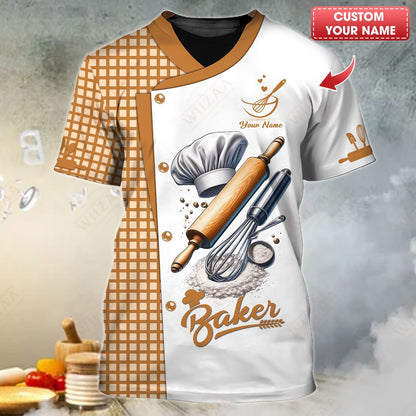 T-shirt de boulanger personnalisé – Fouet et rouleau à pâtisserie élégants sur fond blanc classique