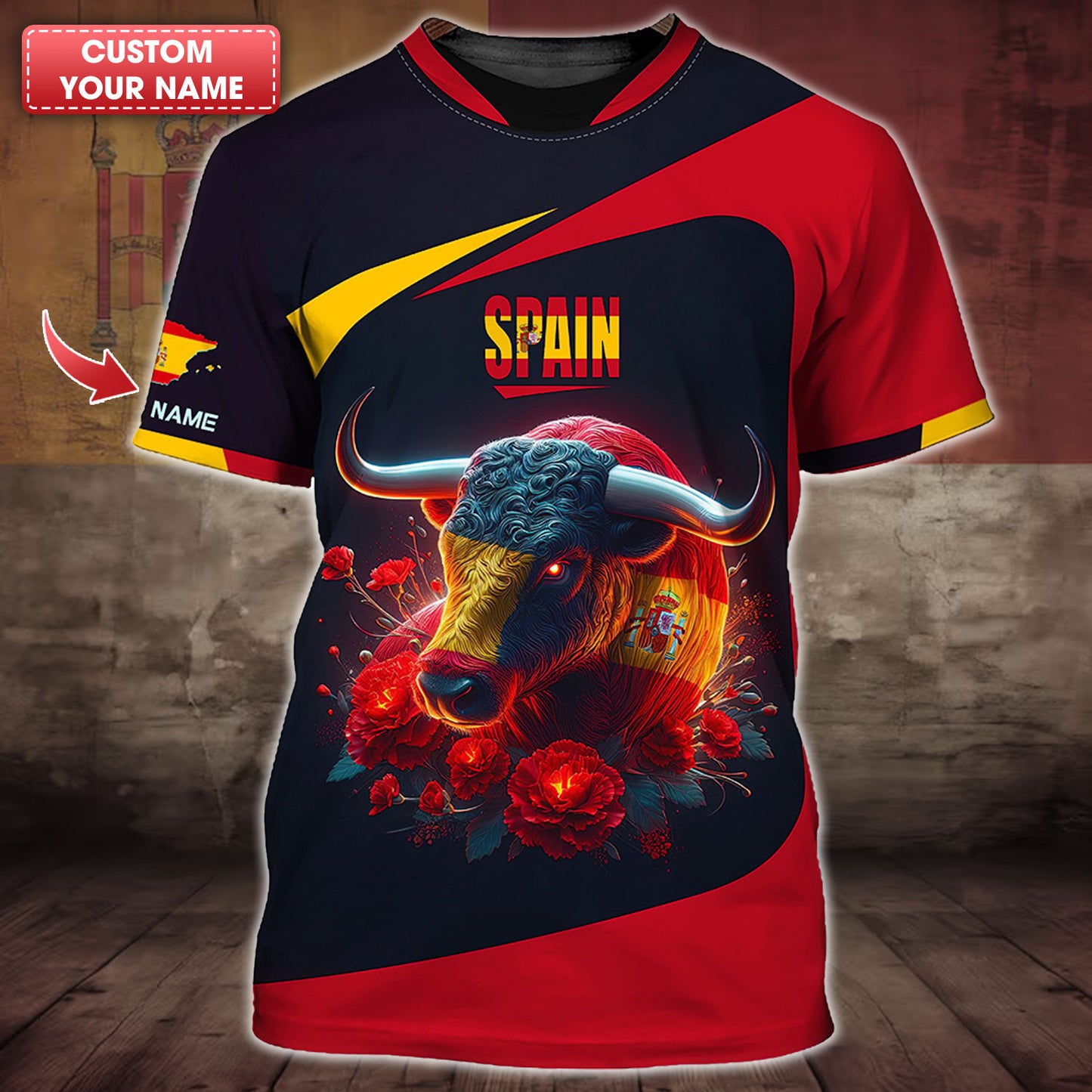 Personalized Spain Pride Shirt - Fiery Bull and Roses