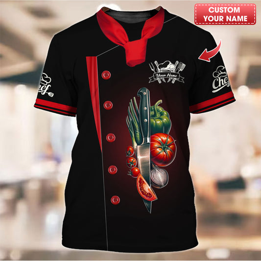 Camisa de chef personalizada: elegante diseño de cuchillo para verduras para cocineros profesionales