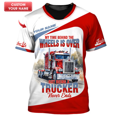 T-shirt 3D personnalisé avec nom de camion rouge Trucker Life, cadeau personnalisé pour les amoureux des camionneurs