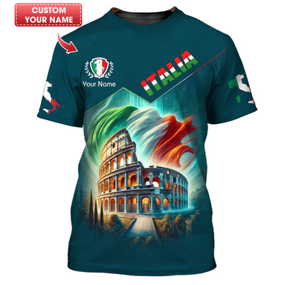 Le Colisée avec le drapeau de l'Italie T-shirts personnalisés Cadeau pour les amoureux de l'Italie T-shirt 3D