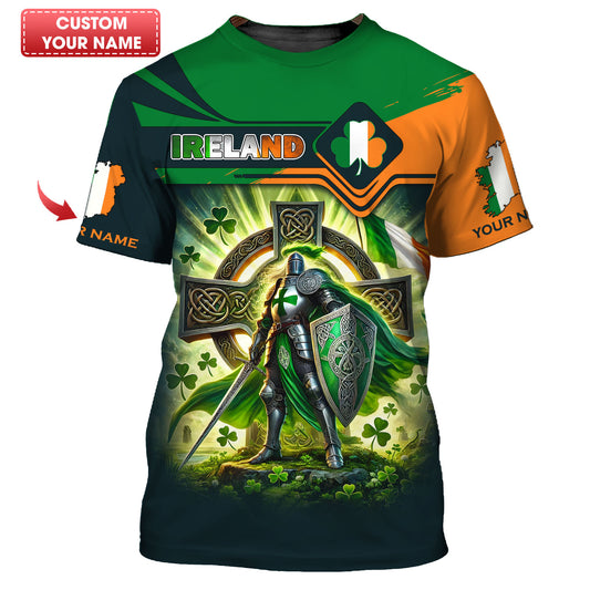 3D Full Print Knight With Celtic Cross Of Ireland T-Shirts Personalized Name Gift For Irish Lovers