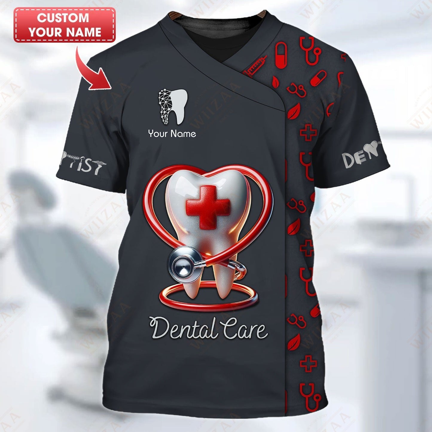 Camiseta personalizada para dentistas: corazón y estetoscopio con emblema de diente