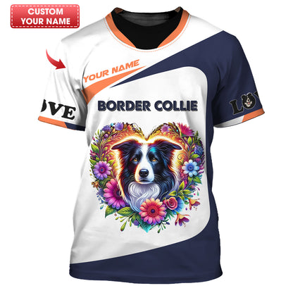 Camiseta personalizada de Border Collie: diseño floral vibrante en forma de corazón