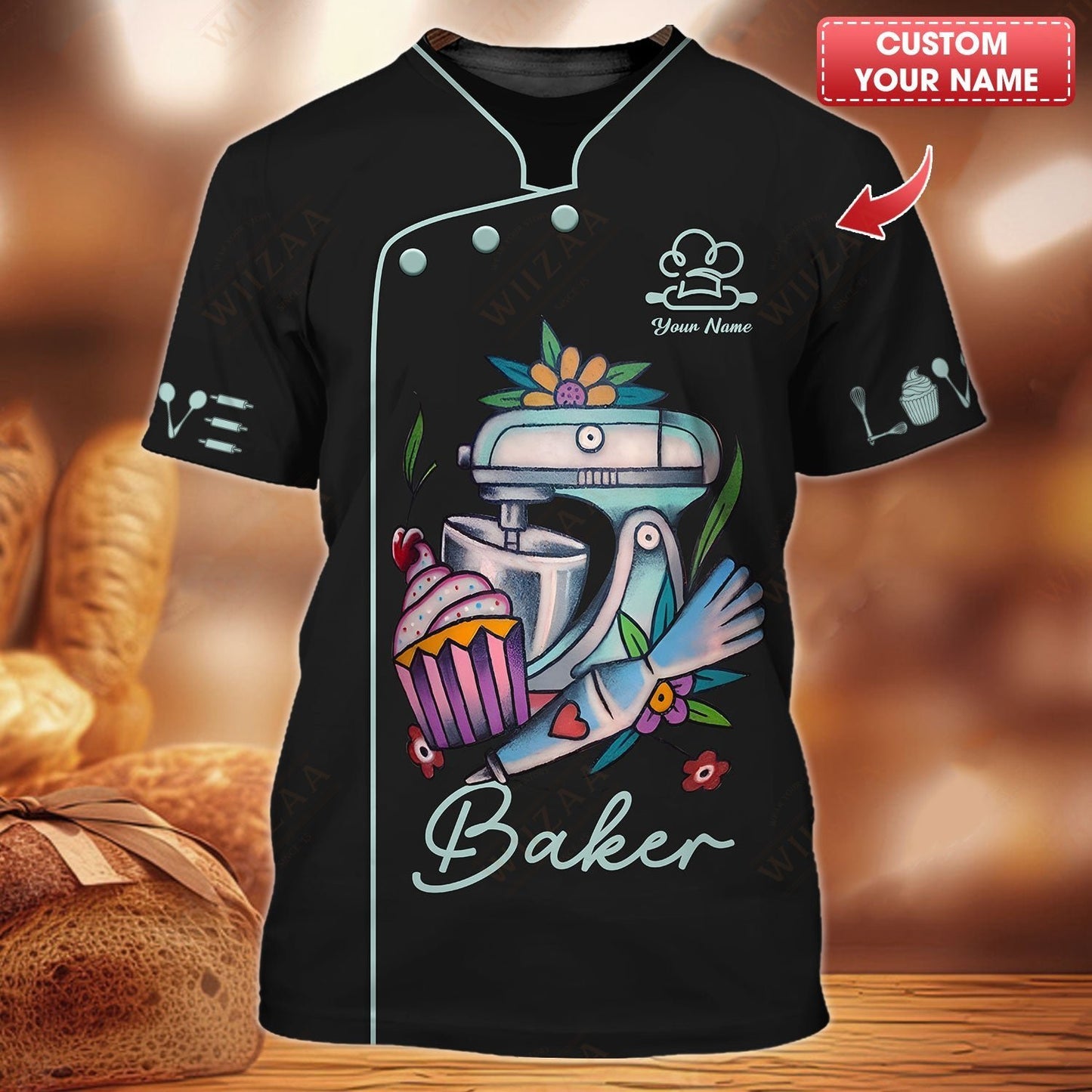 Personalized Baker Shirt – Whimsical Kitchen Mixer and Cupcake Illustration