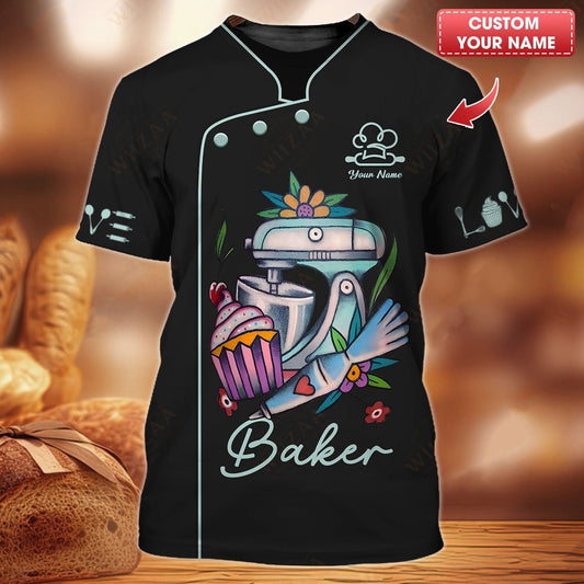 T-shirt de boulanger personnalisé – Illustration fantaisiste d'un mixeur de cuisine et d'un petit gâteau