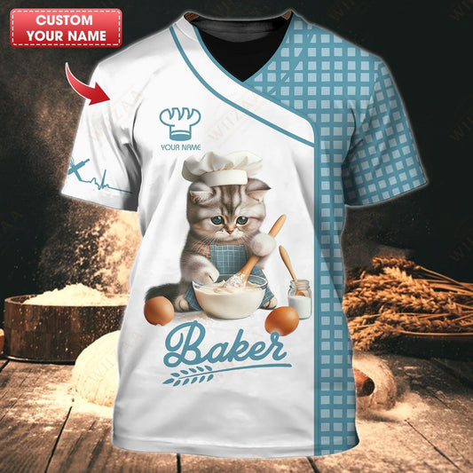 Personalized Baker Shirt - Whimsical Cat Baker Design | Unique Kitchen Apparel for Culinary Cat Lovers