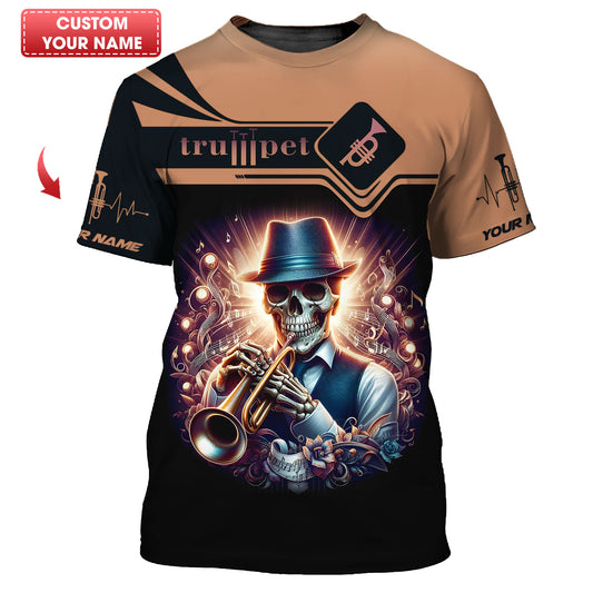 Skull With Trumpet Custom Name 3D T- Shirts Gif For Trumpet Lovers