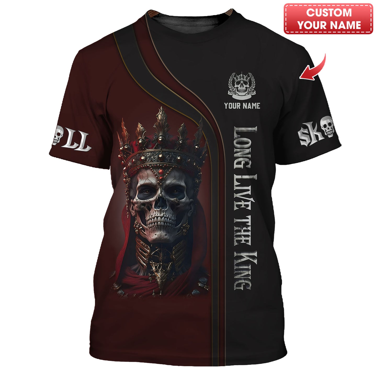 T-shirt personnalisé avec nom King Skull Long Live The King 3D, cadeau pour les amoureux des crânes