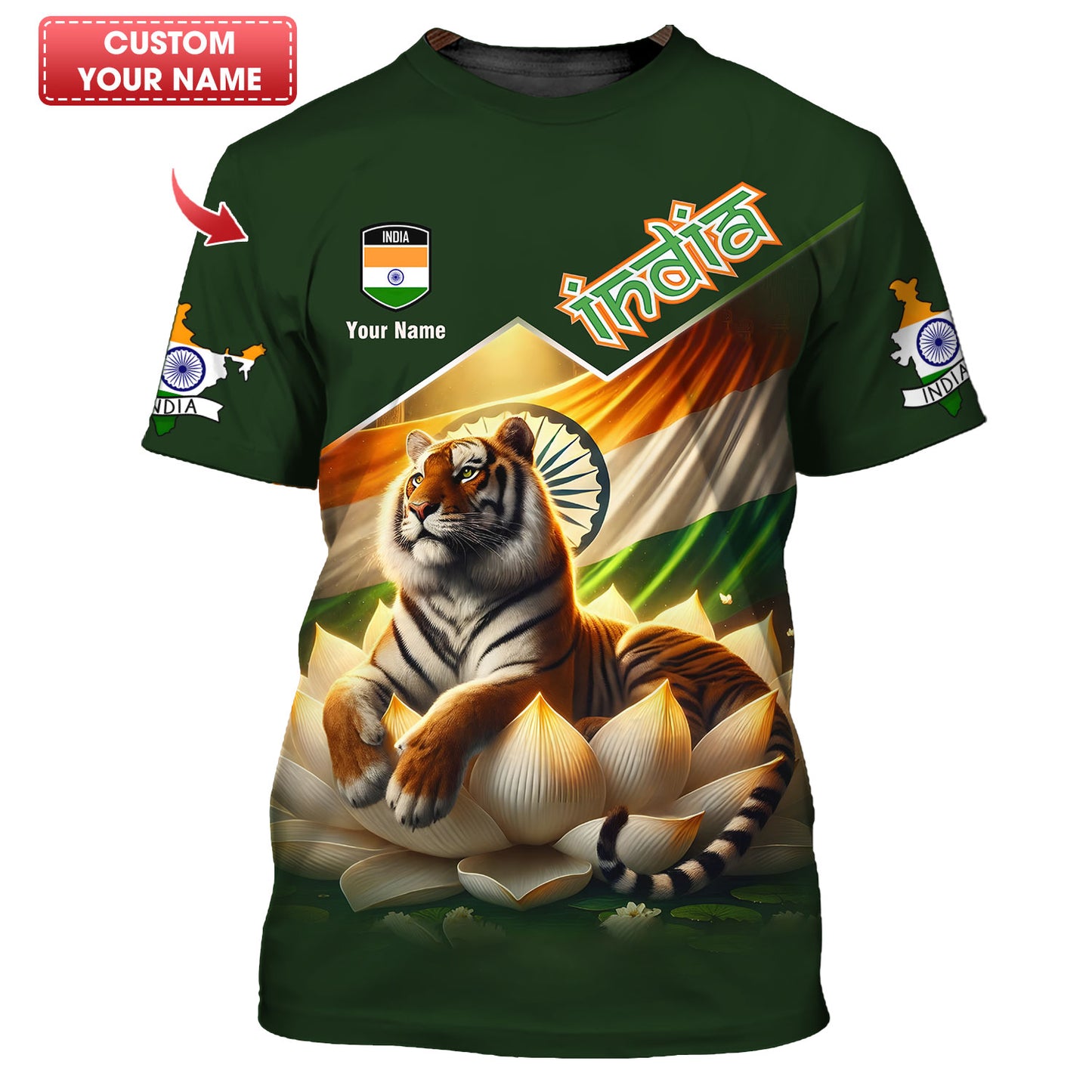 Camisetas personalizadas de la India, camiseta 3D con tigre y loto, regalo para amantes de la India