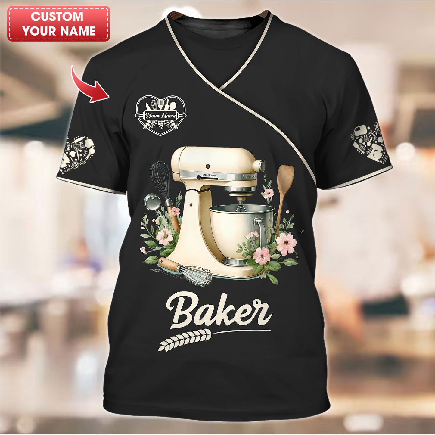 T-shirt de boulanger personnalisé - Mélangeur élégant et design floral pour les amateurs de pâtisserie