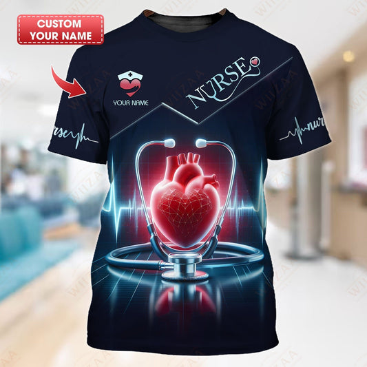 Camiseta de enfermera personalizada: gráfico de latidos del corazón y estetoscopio | Camiseta médica de corte cómodo