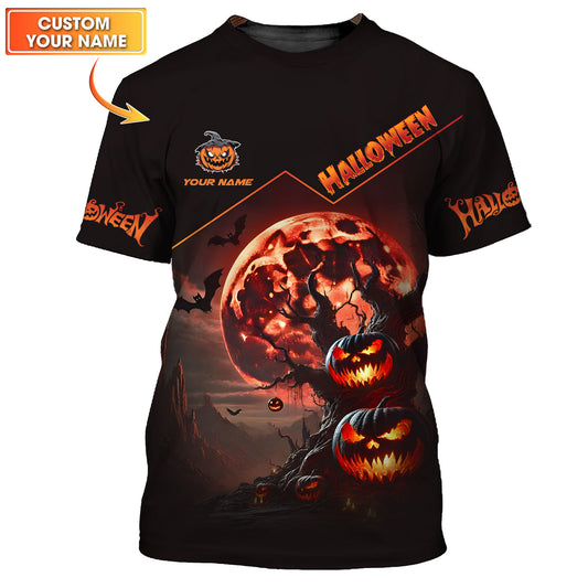 T-shirts personnalisés avec impression 3D complète de citrouille d'Halloween avec lune rouge, cadeau pour les amoureux d'Halloween