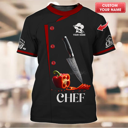 Camisa de chef personalizada: cuchillo de precisión y detalle de pimiento rojo