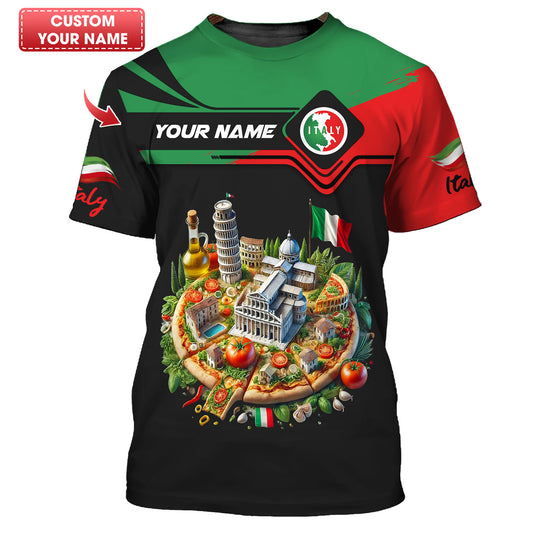 Camiseta personalizada con el nombre de los famosos símbolos italianos impresos en 3D en una pizza para amantes de Italia