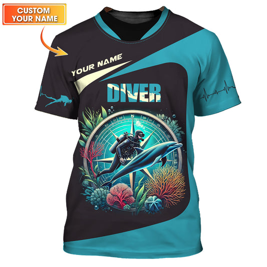 3D Full Print Scuba Diving T-Shirts Personalized Name Gift For Diver Lovers