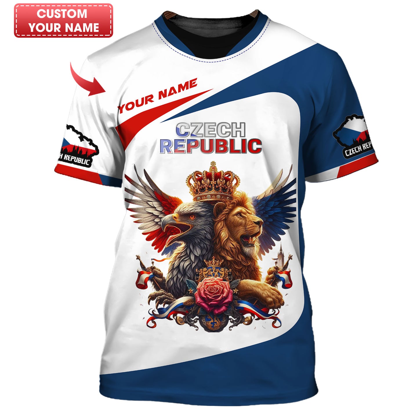 Camisetas con estampado 3D completo de león y águila de la República Checa, regalo con nombre personalizado para amantes checos