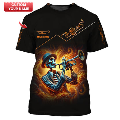 Camiseta con estampado 3D completo de calavera de fuego y trompeta, regalo personalizado con nombre para amantes de la trompeta