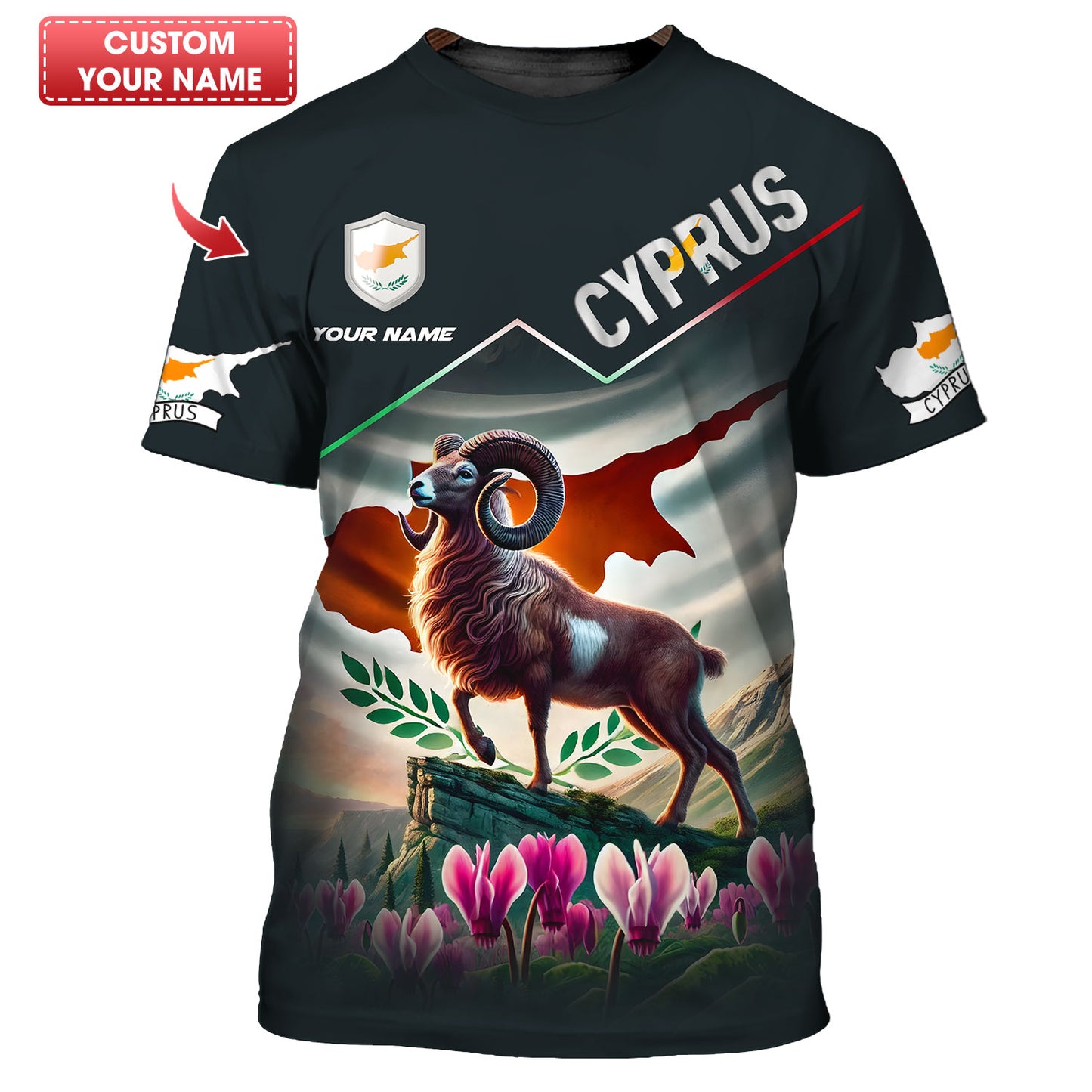 T-shirt Mouflon imprimé en 3D avec drapeau de Chypre, cadeau personnalisé pour les amoureux des Chypriotes