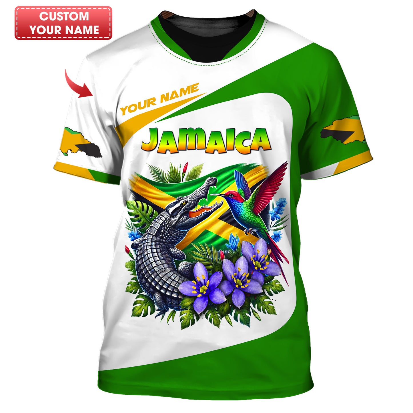 Mascottes avec le drapeau de la Jamaïque Nom personnalisé T-shirt 3D Cadeau personnalisé pour les amoureux jamaïcains