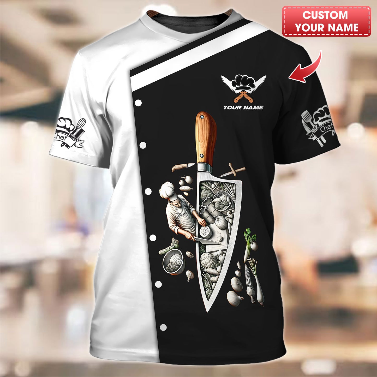 Camisa de chef personalizada - Montaje de cuchillos e ingredientes de Culinary Artistry