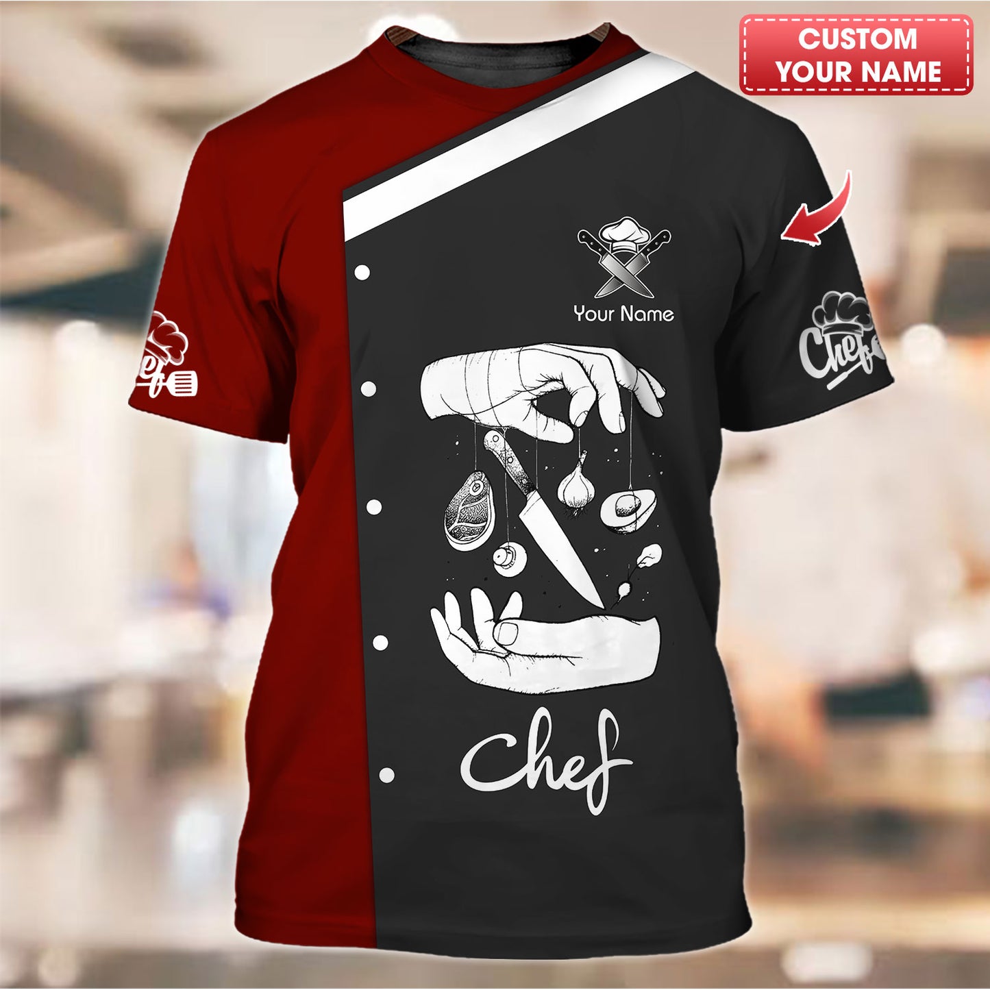 T-shirt personnalisé Petty Chef Tattoo 3D avec couteaux et chef de cuisine