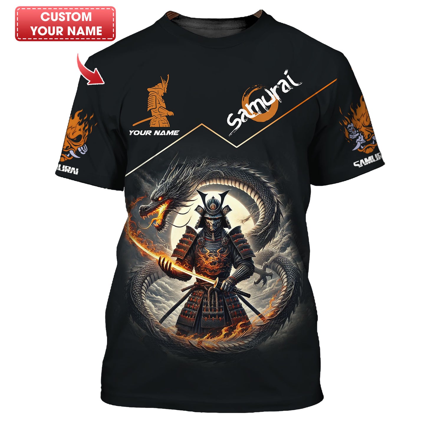 Camisetas personalizadas de samuráis Camiseta de samuráis con dragón negro en 3D Regalo para amantes de los samuráis