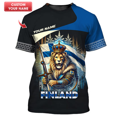 Camiseta con estampado 3D completo de El Rey León con la bandera de Finlandia, regalo con nombre personalizado para amantes finlandeses