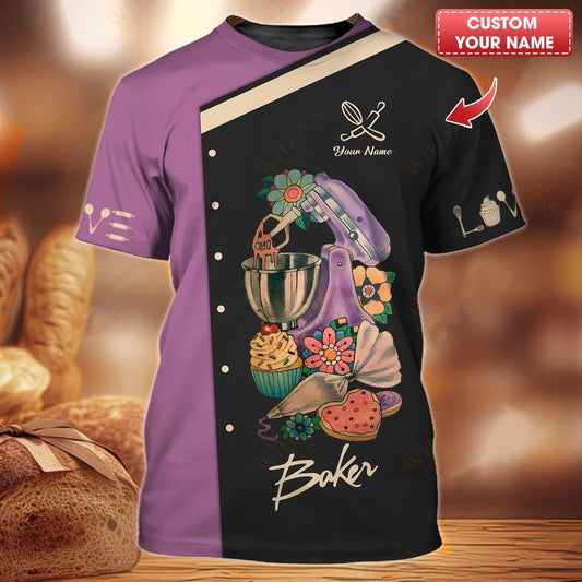 T-shirt de boulanger personnalisé – Illustration vibrante de mixeur et de pâtisserie sur mauve