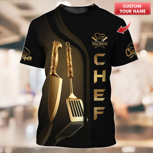 Camisa de chef personalizada: detalles dorados gourmet y motivo de utensilios de cocina