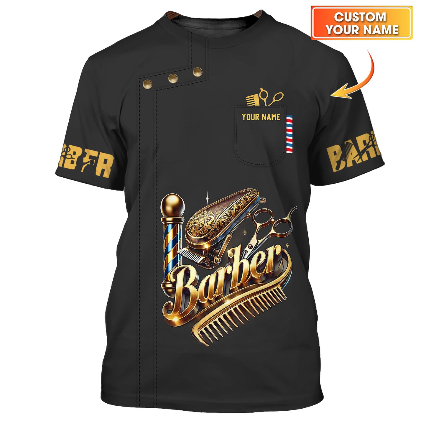 Camisetas con herramientas de barbero doradas con impresión completa en 3D, regalo con nombre personalizado para amantes de la peluquería