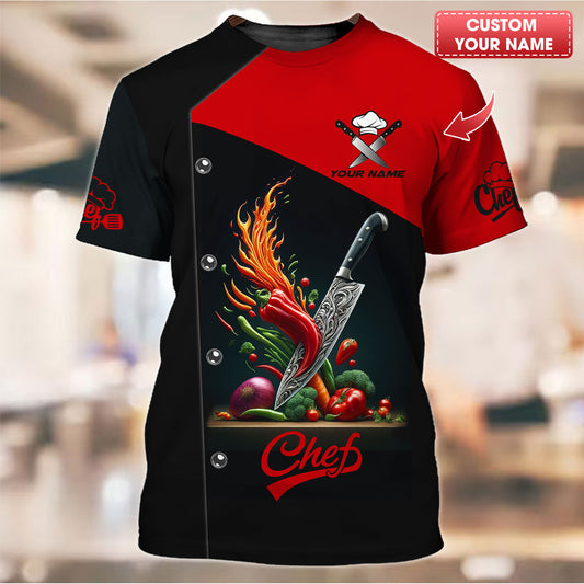 Camisa de chef personalizada: cuchillo de cocina en llamas con salpicaduras dinámicas de vegetales