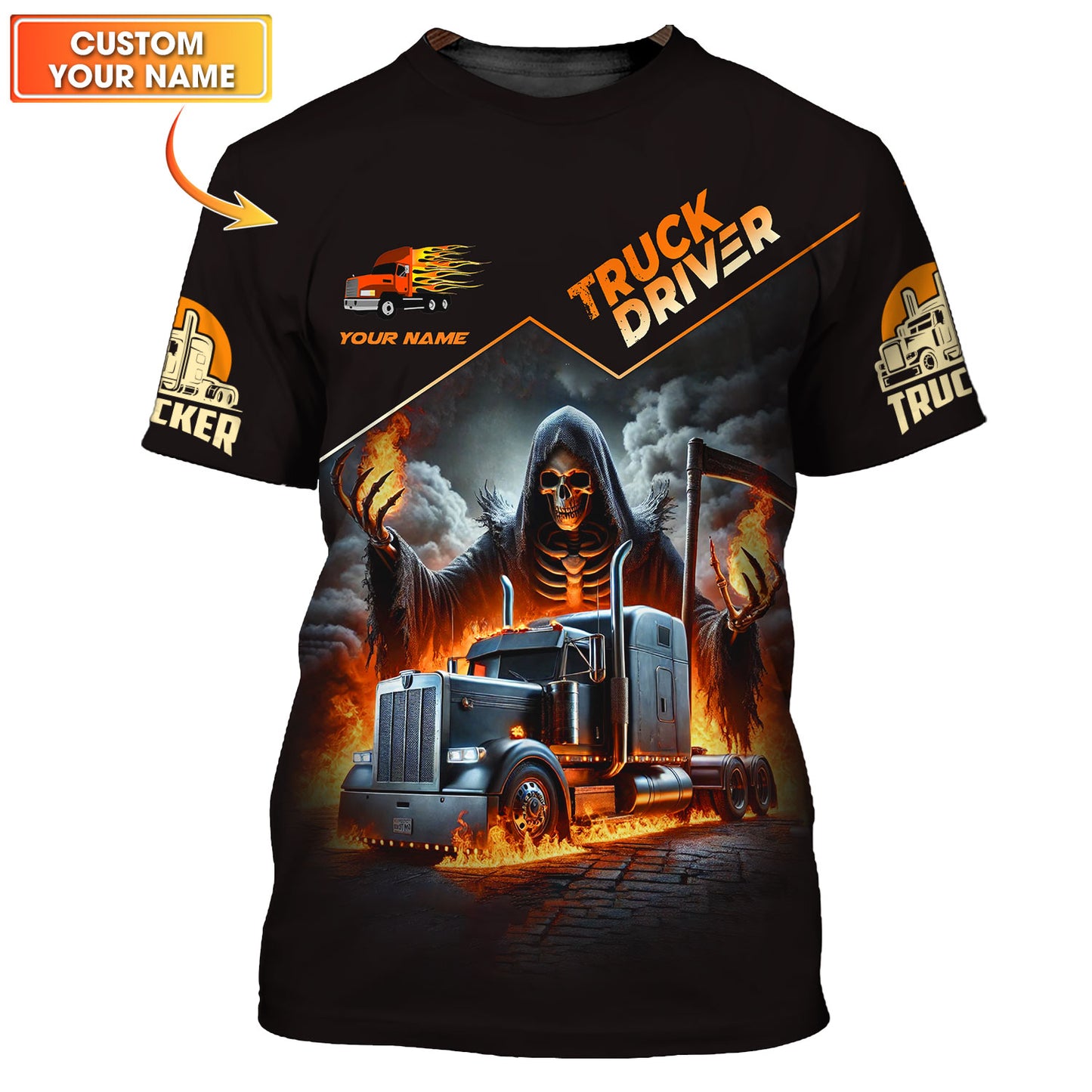 T-shirts personnalisés Grim Reaper avec camion T-shirt 3D Trucker Cadeau pour les amateurs de camionneurs