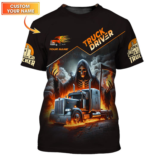 Camisetas personalizadas de Grim Reaper con camión Camiseta de camionero 3D Regalo para amantes de los camioneros