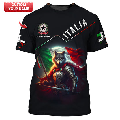 T-shirt 3D Full Print Wolf Warrior Of Italy avec nom personnalisé, cadeau pour les amoureux italiens