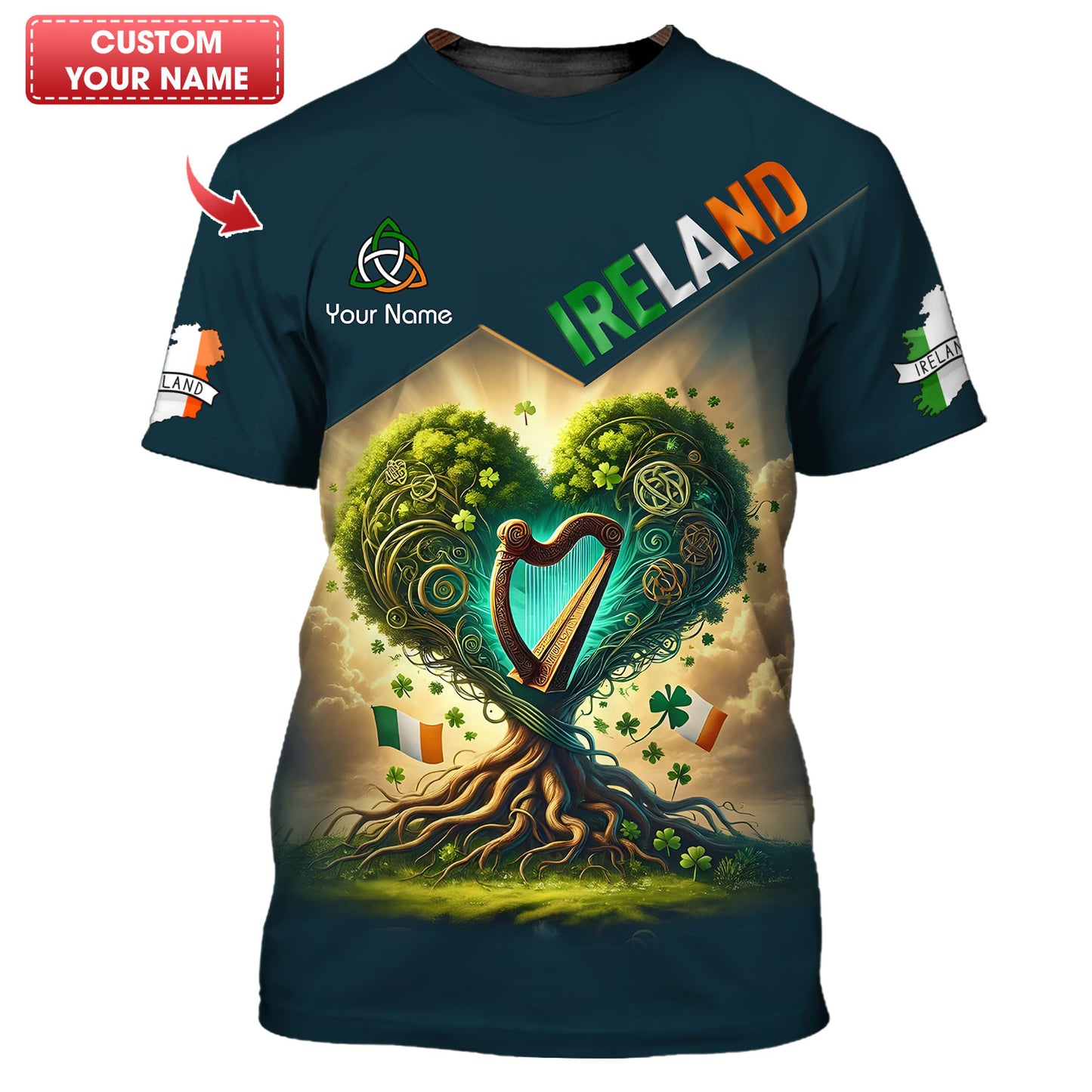 Camiseta de Irlanda con impresión 3D completa y nombre personalizado como regalo para los amantes de Irlanda