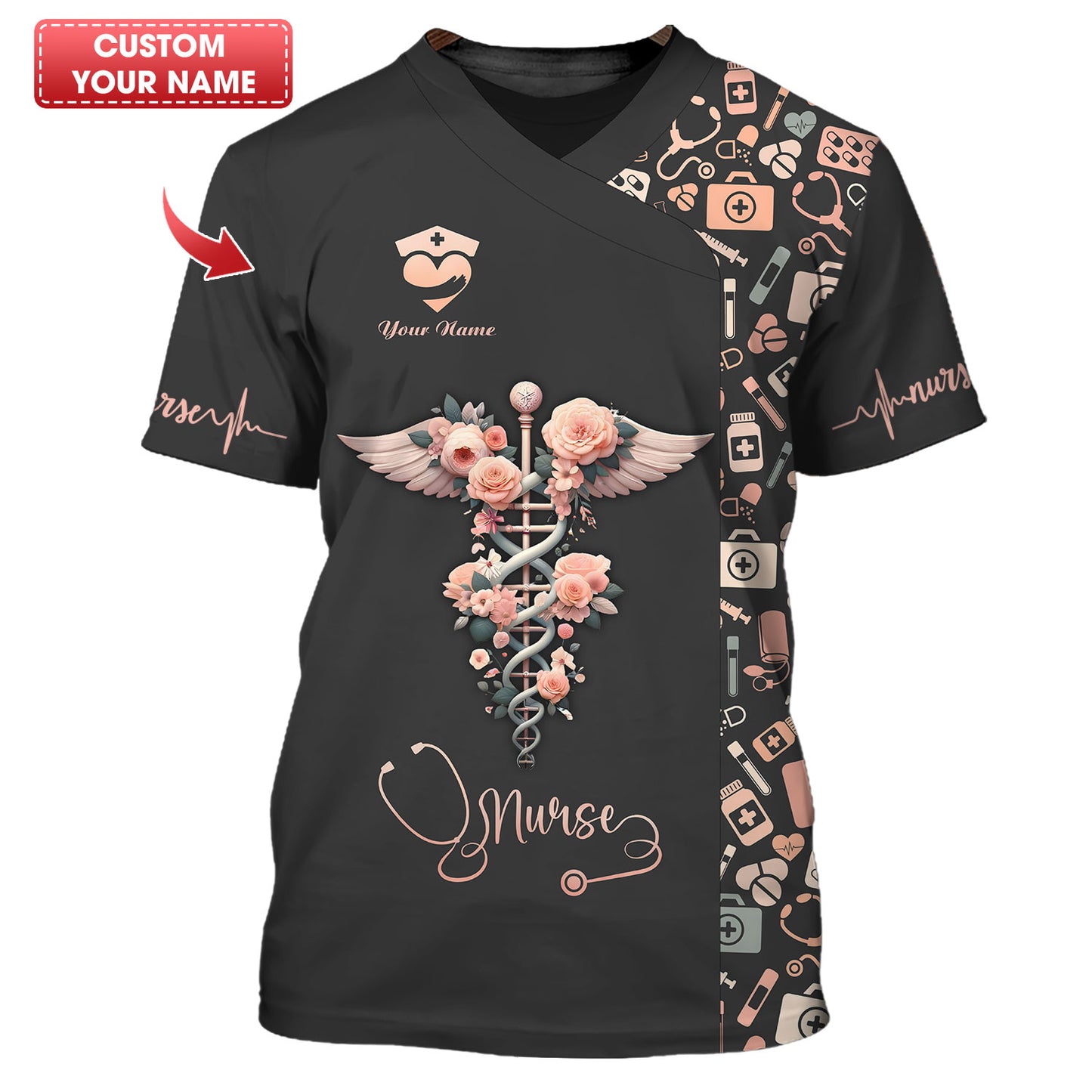 Camiseta de enfermera personalizada: diseño de caduceo floral con alas angelicales