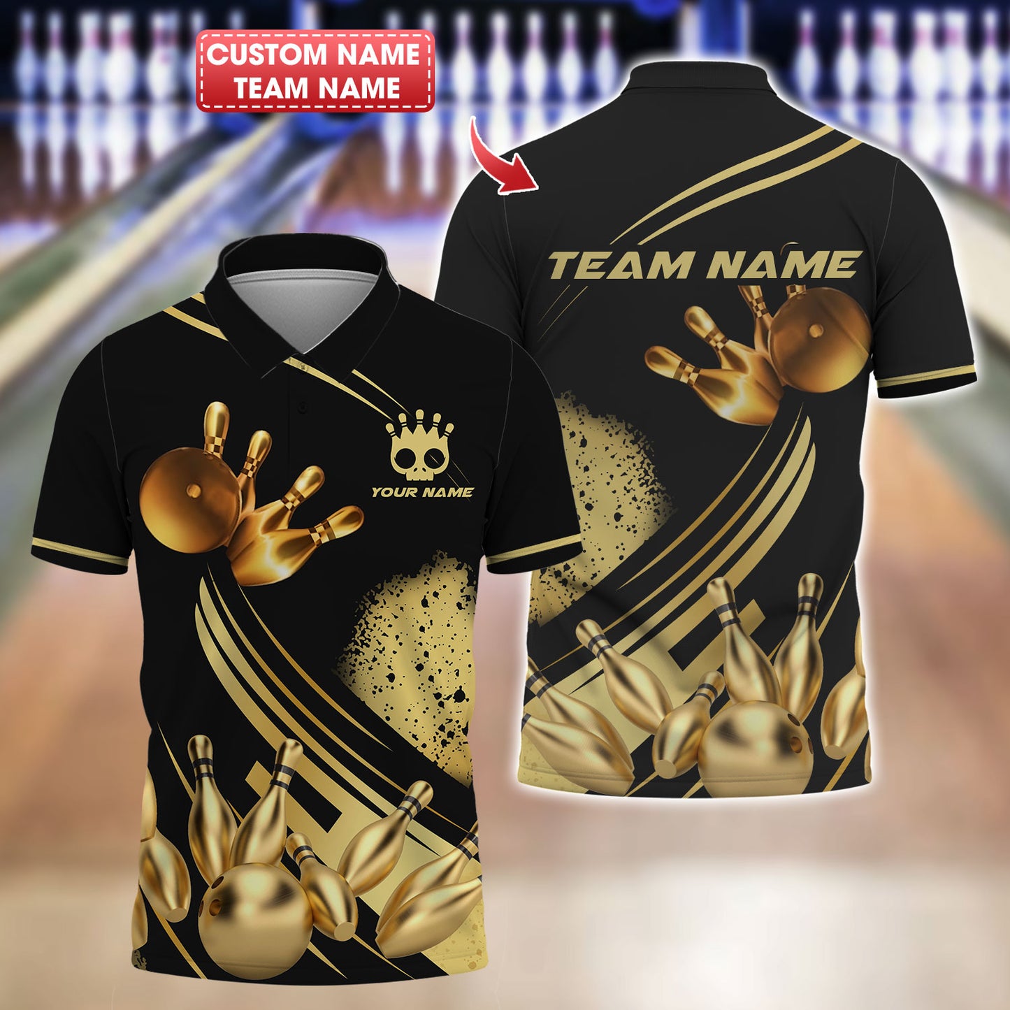 Camiseta personalizada del equipo de bolos: Strike in Golden Style