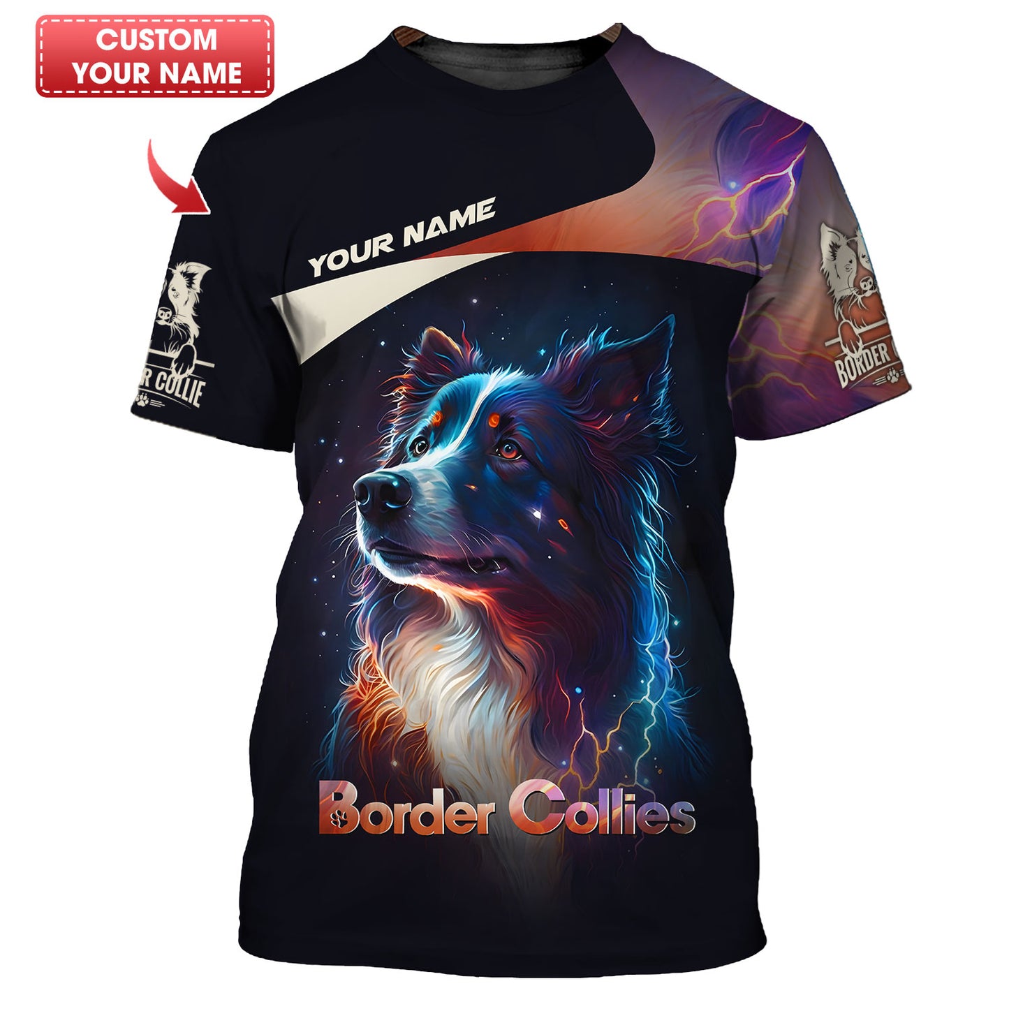 Camiseta personalizada con diseño de Border Collie en color Galaxy. Camiseta Border Collie 3D. Regalo para amantes de los perros.