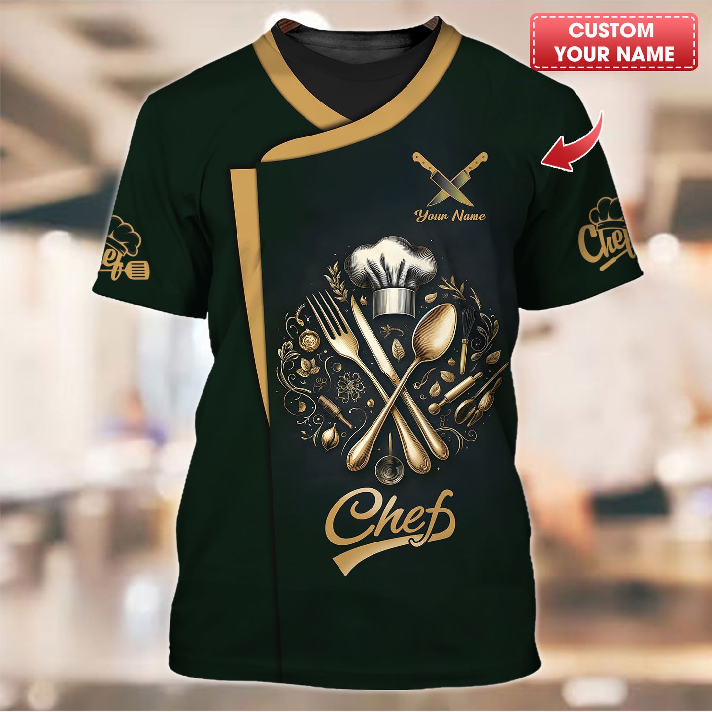 Camisa de chef personalizada: elegante escudo dorado con herramientas culinarias sobre fondo verde oscuro