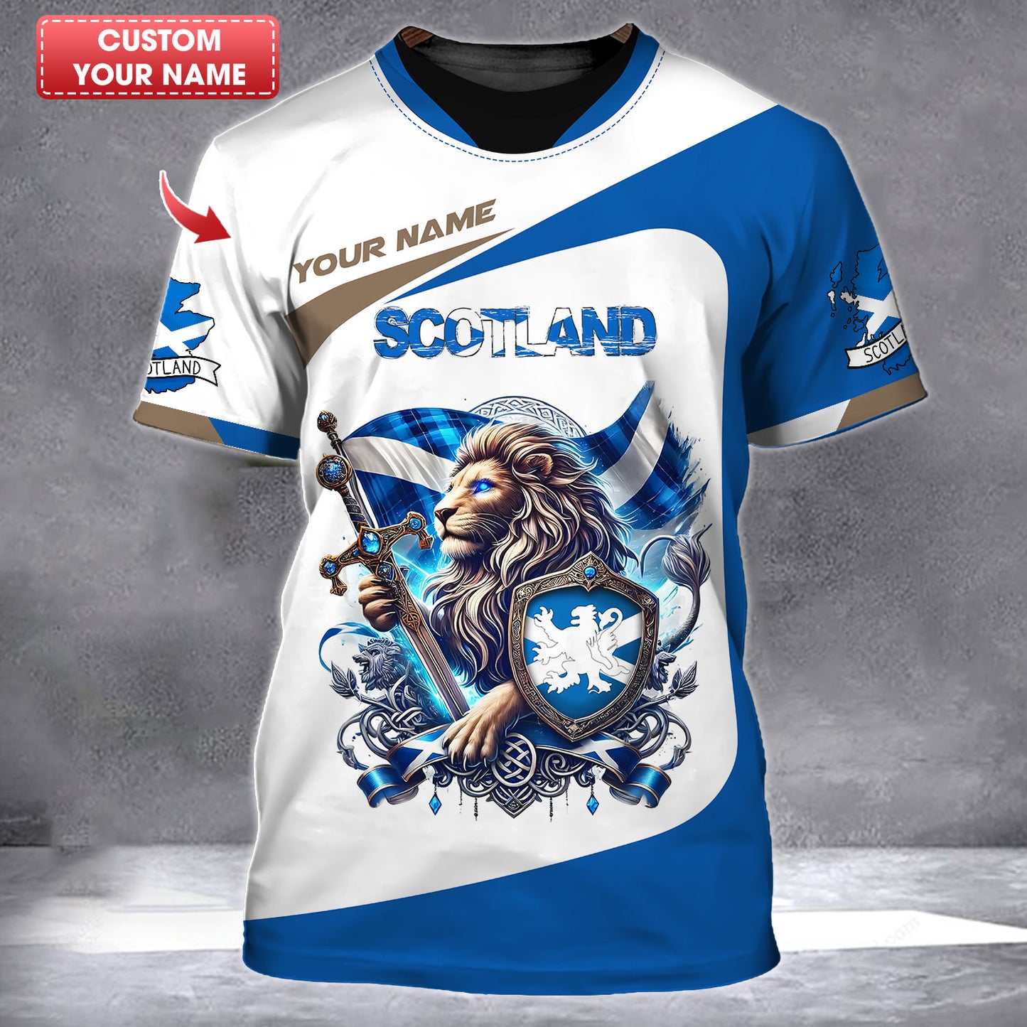 Camiseta personalizada con nombre en 3D del guerrero león de Escocia, regalo personalizado para los amantes de Escocia