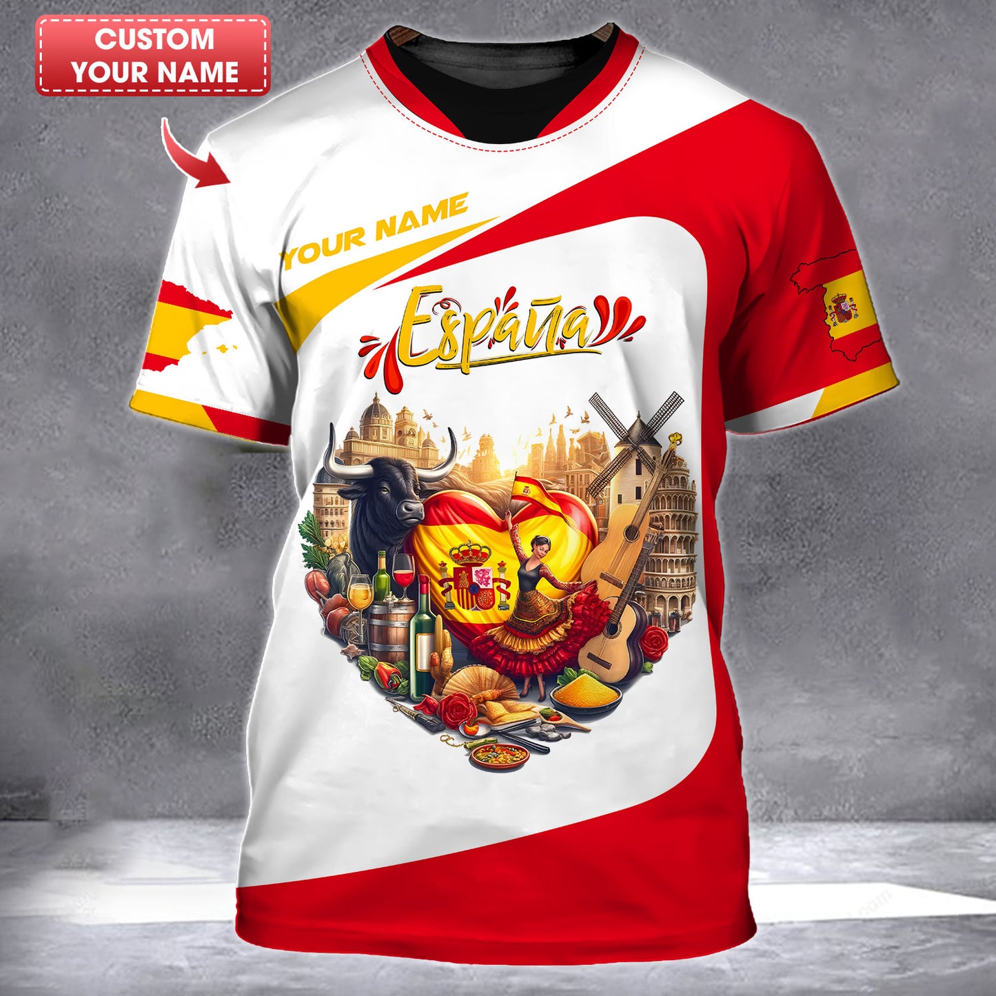 Camiseta personalizada con nombre en 3D y corazón de España, regalo personalizado para amantes de España