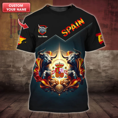 Personalized Spain Pride Shirt - Dual Bulls and Coat of Arms Design for Spain Enthusiasts