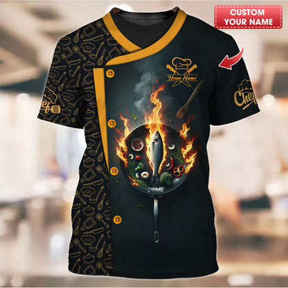 Camisa de chef personalizada: sartén ardiente con diseño de pescado y verduras en llamas