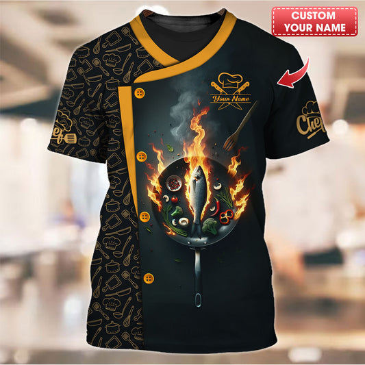 Personalized Chef Shirt – Fiery Pan with Flaming Fish and Vegetables Design