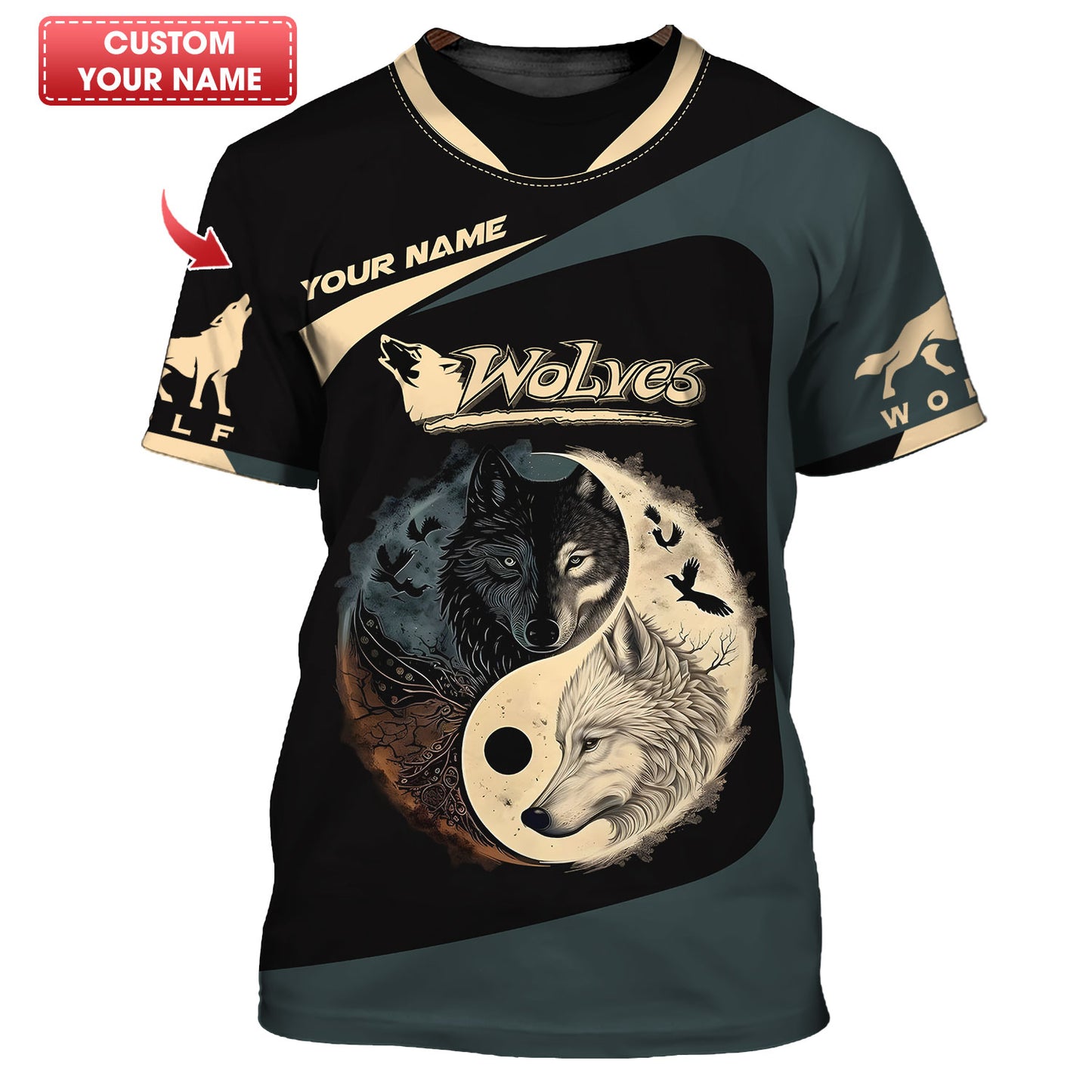 Camiseta con estampado 3D completo de lobo Yin Yang, regalo personalizado con nombre para amantes de los lobos