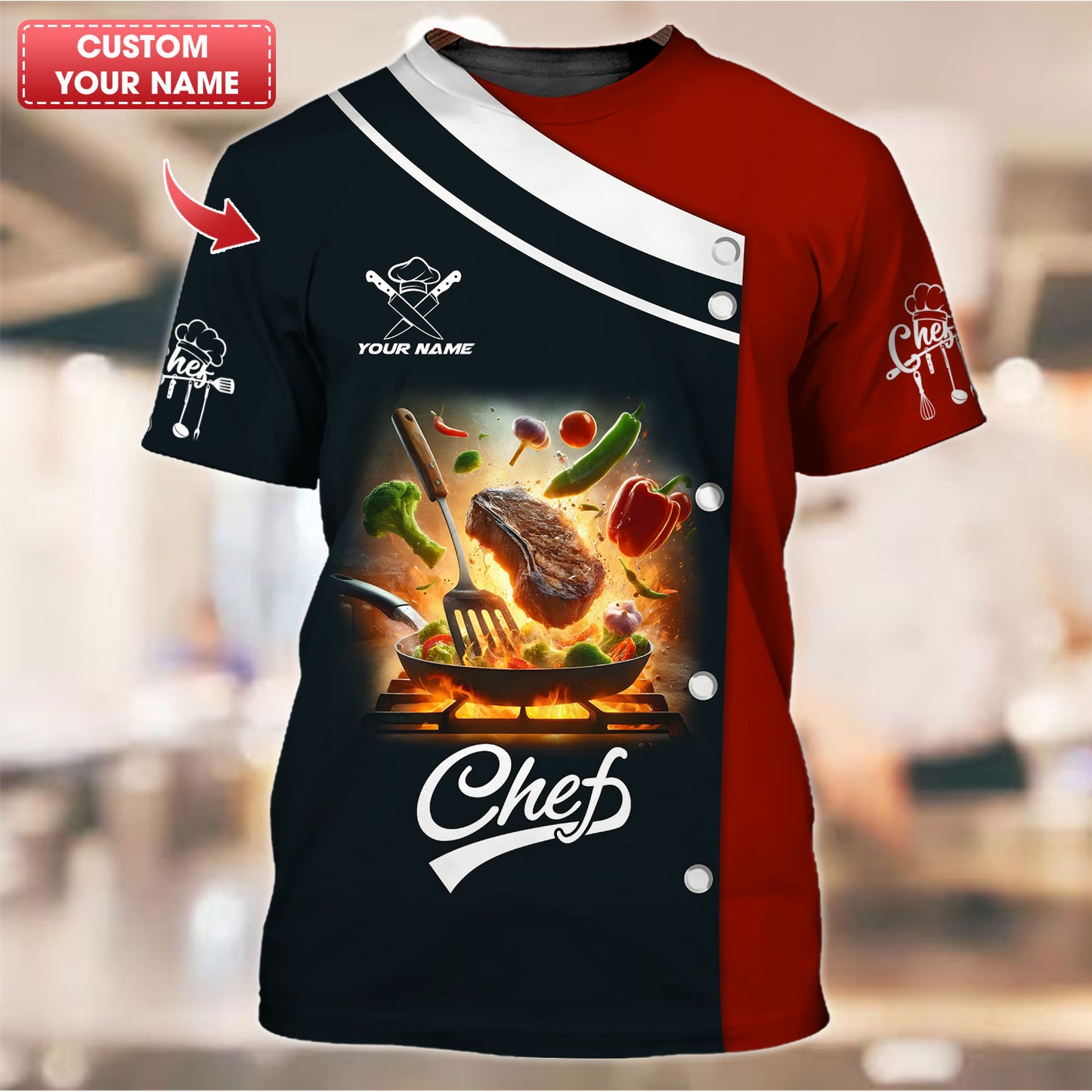 T-shirt de chef personnalisé – Motif Flaming Grill &amp; Feast